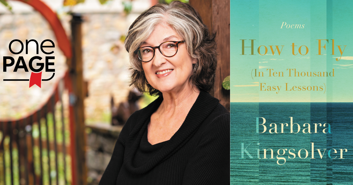 One Page. Image of Barbara Kingsolver. She is wearing a black sweater set and glasses. Image of her book's cover.