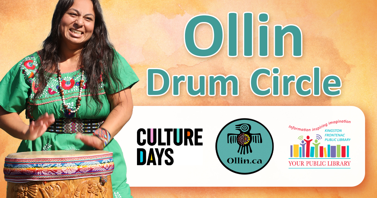 A person drumming, with text reading Ollin Drum Circle.