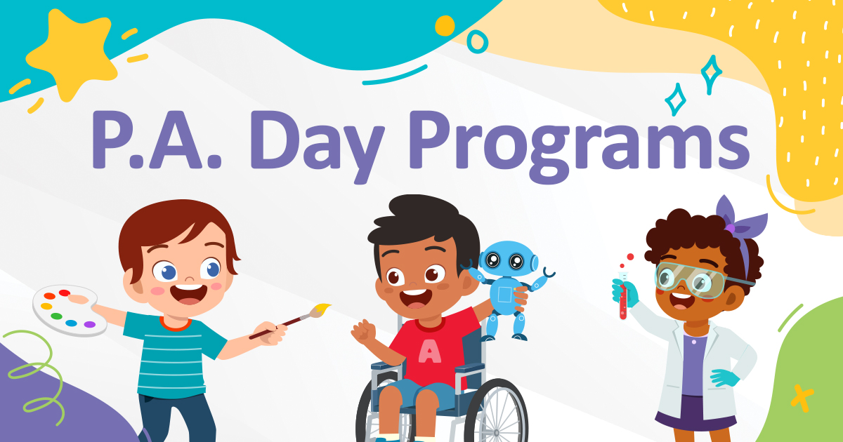 Illustration of three children. One is holding paint and a paint brush, another a science beaker. One uses a wheelchair and is holding up a robot. The text reads, P.A. Day Programs.