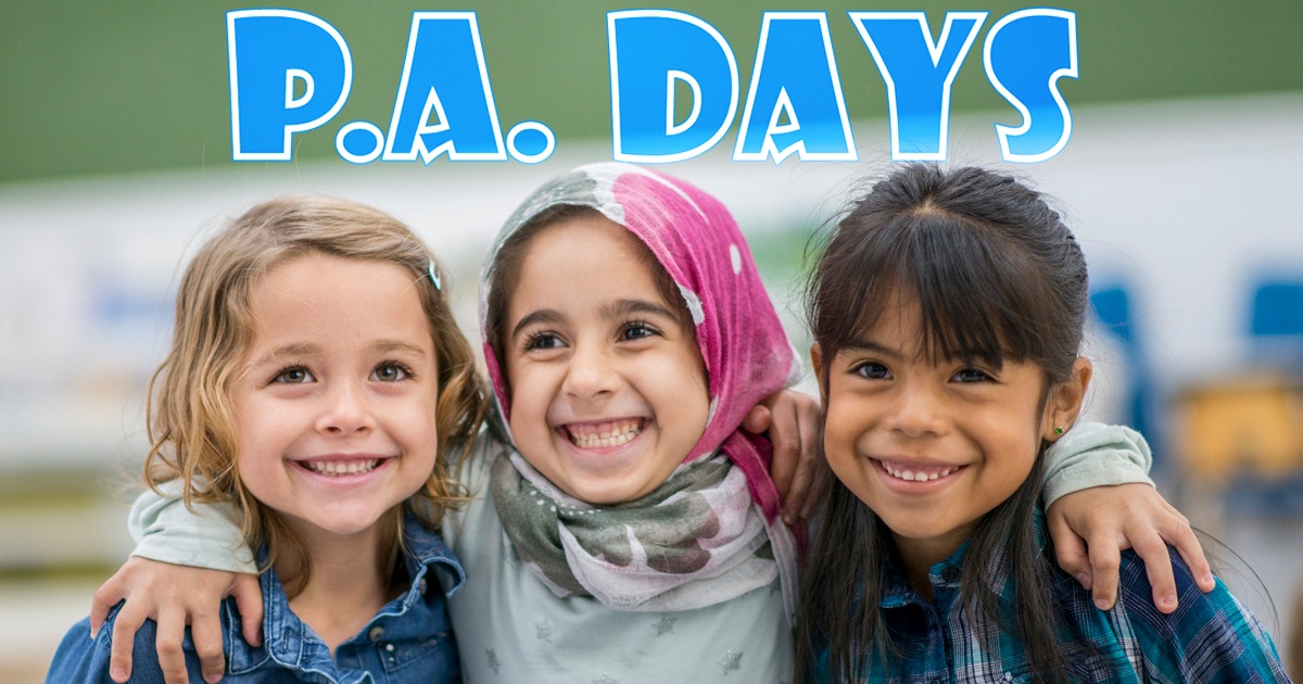 Three children standing together, with the one in the middle slinging her arms over the others' shoulders. Text reads P.A. Days.