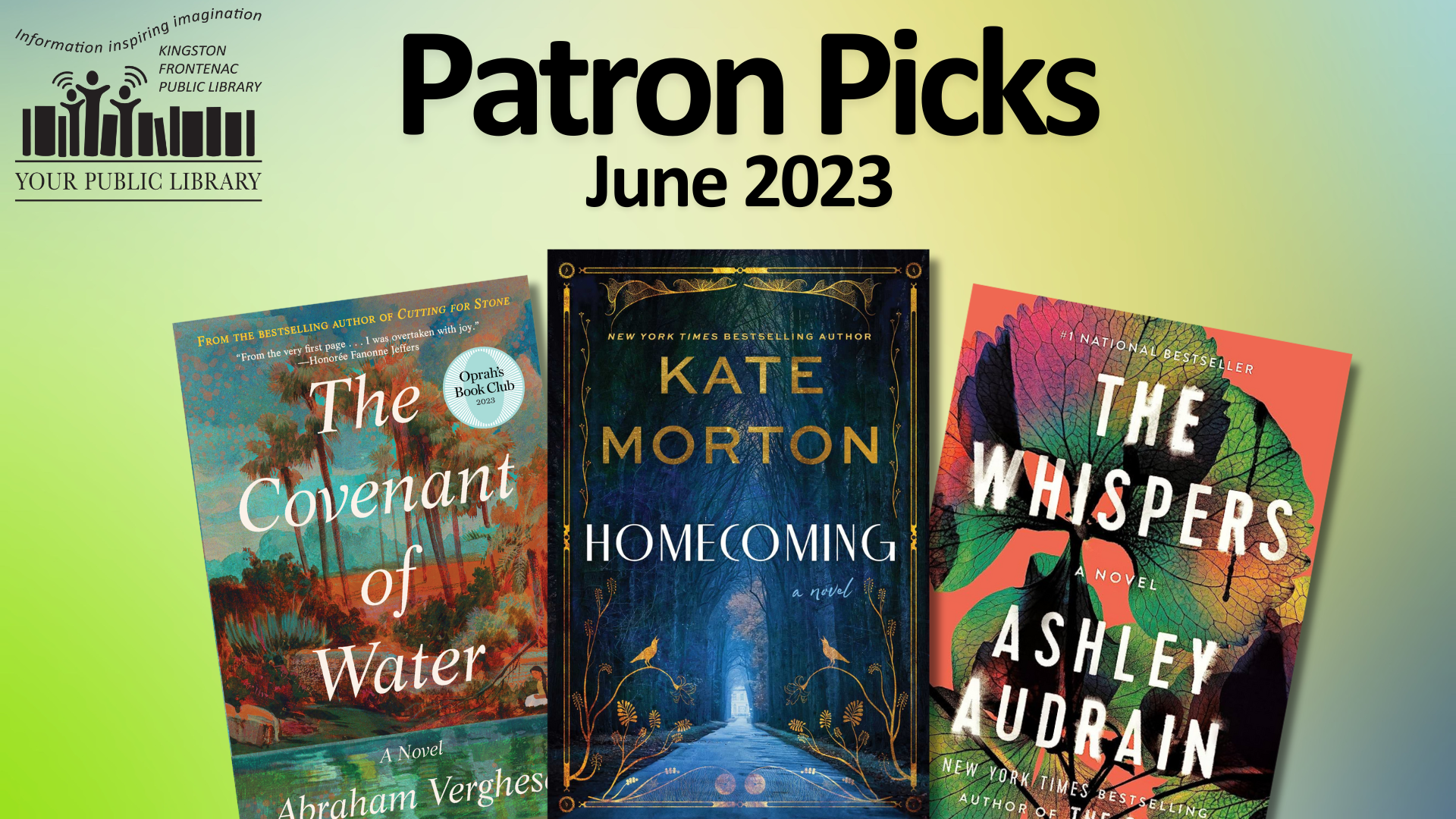A collage of books against a gradient background with text reading Patron Picks - June 2023.