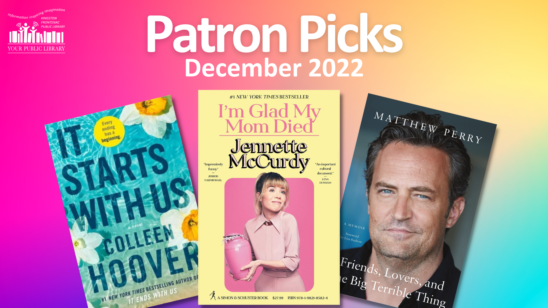 Three books collaged against a bright background. Text reads Patron Picks - December 2022