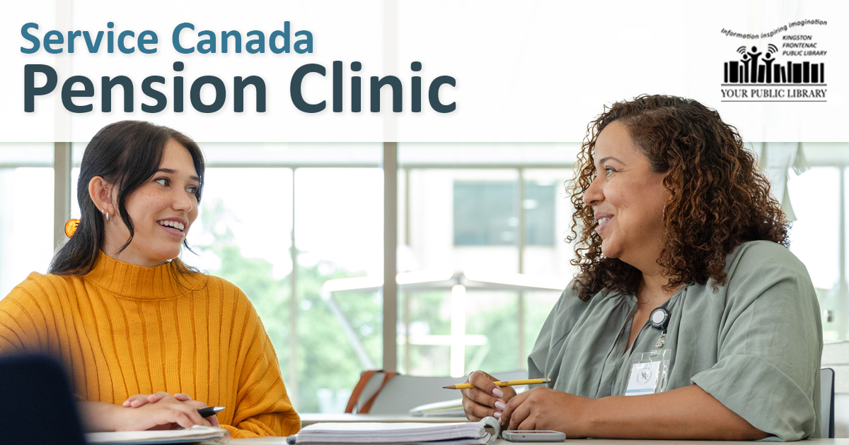 Two adults sitting together working on paperwork. Text reads Service Canada Pension Clinic.