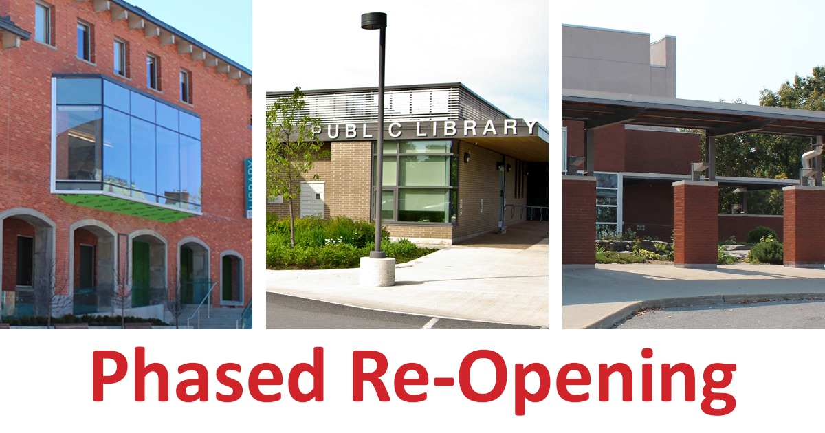Phased reopening. Images of three library buildings.