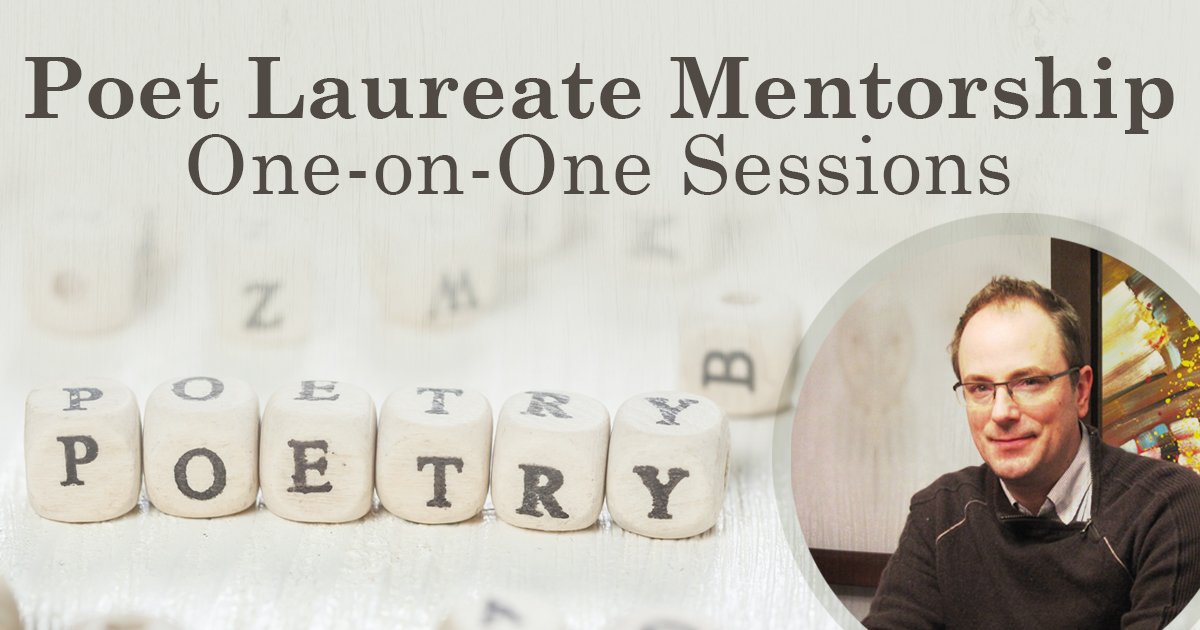 On a white background, a photo of Jason Heroux and letter blocks reading POETRY. Text reads Poet Laureate Mentorship One-on-One Sessions
