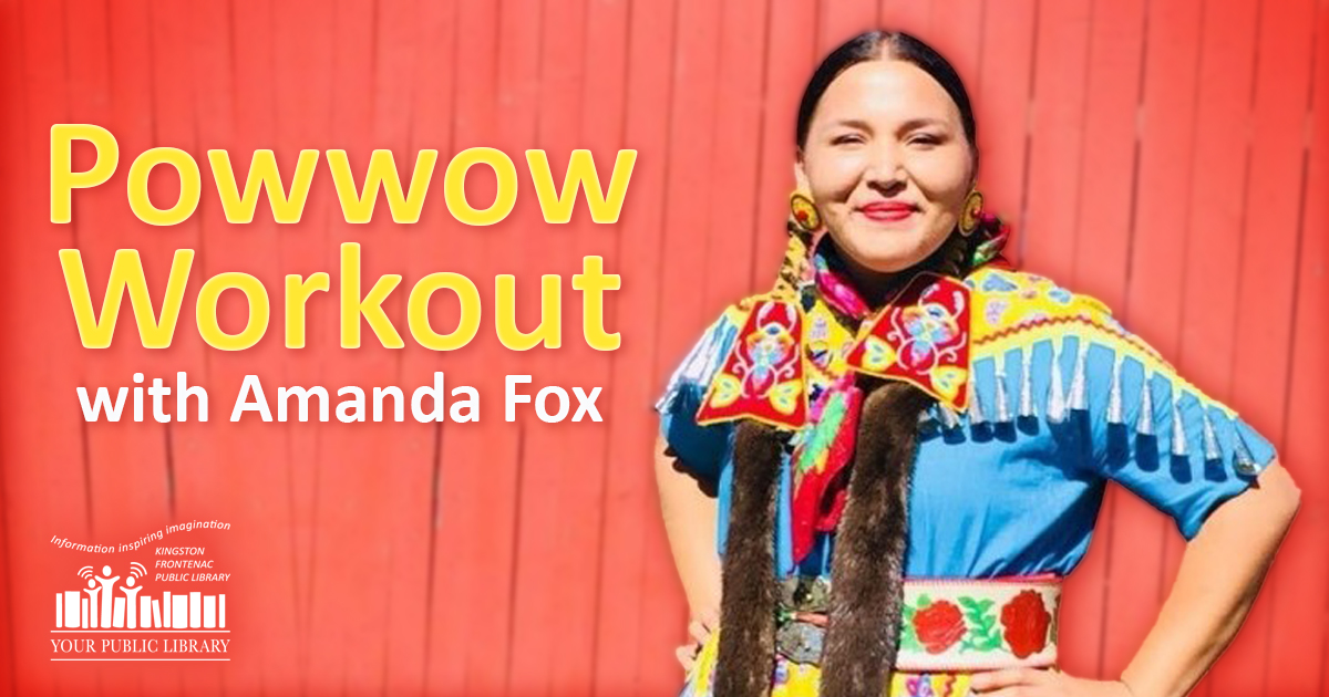 Amanda Fox, an Ojibwe woman with a jingle shawl, standing against a red background. Text reads Powwow Workout with Amanda Fox.