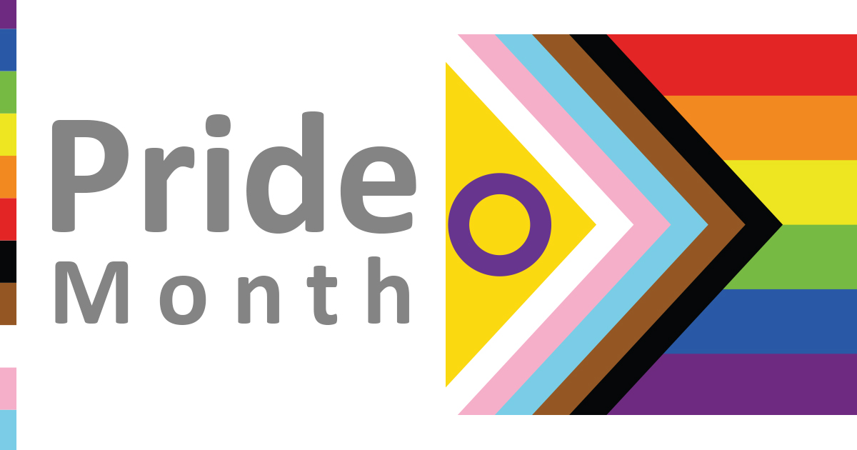 The Progress Pride flag with text reading Pride Month.
