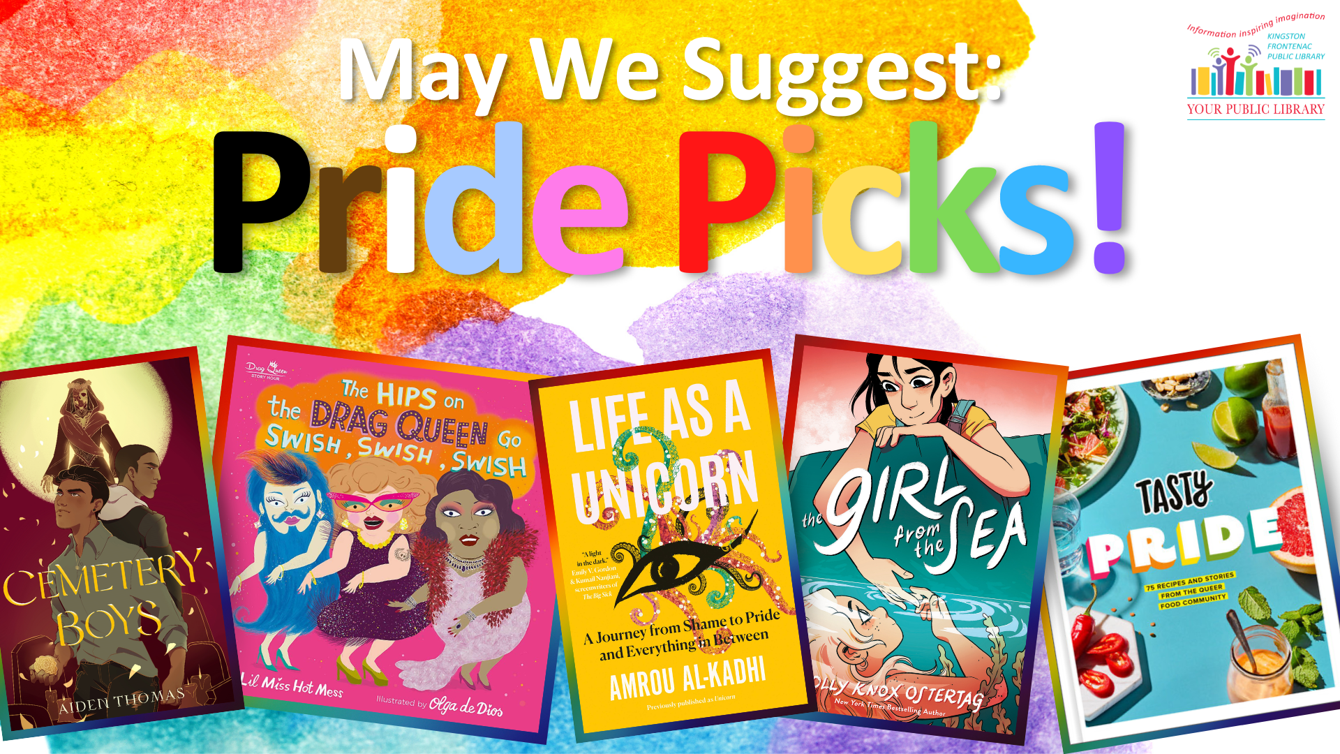 Books on a rainbow background with text reading Pride Picks