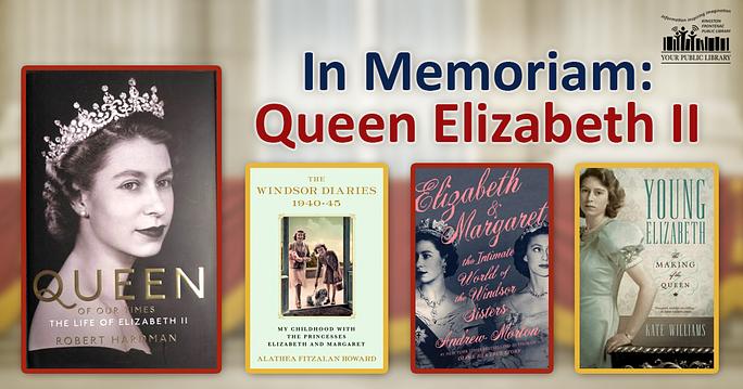 Four books featuring Queen Elizabeth II with text reading In Memoriam: Queen Elizabeth II. 