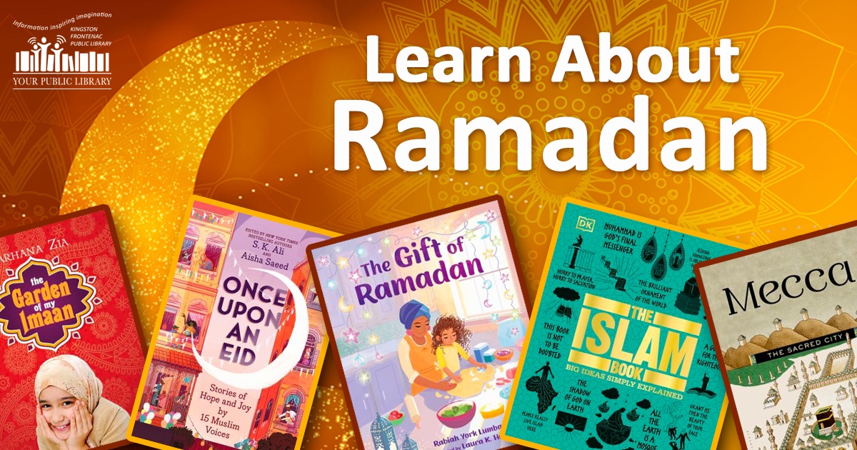 Ramadan-related books with text reading Learn About Ramadan.