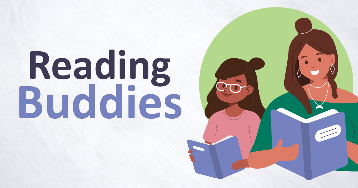 Illustration of a woman and girl reading books. The text reads Reading Buddies.