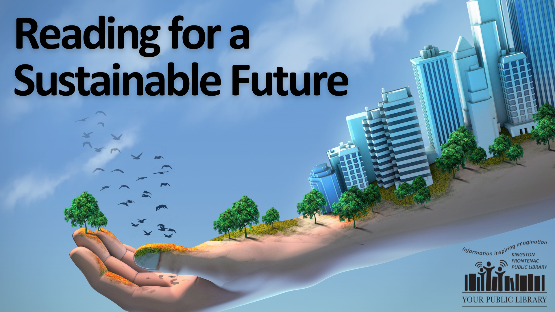An outstretched hand with a city growing from it, with text reading Reading For a Sustainable Future
