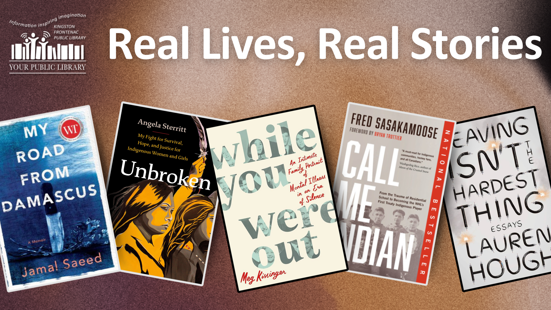 A collage of books on a tan background reading Real Lives, Real Stories