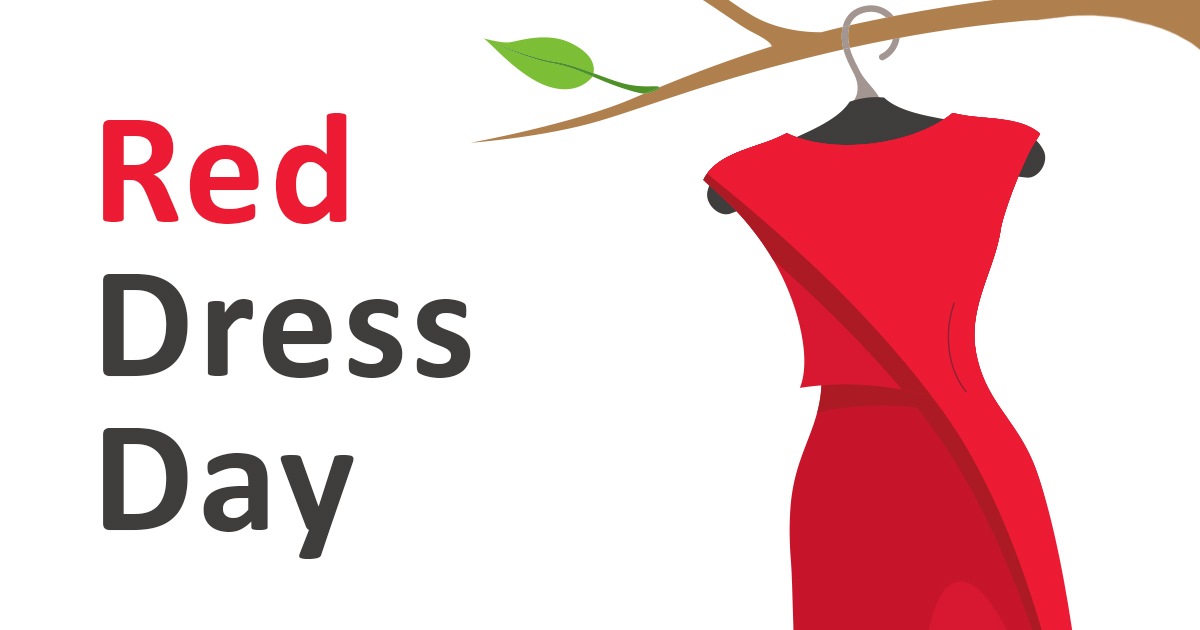 Illustration of Red Dress hanging from a tree. The text reads Red Dress Day.