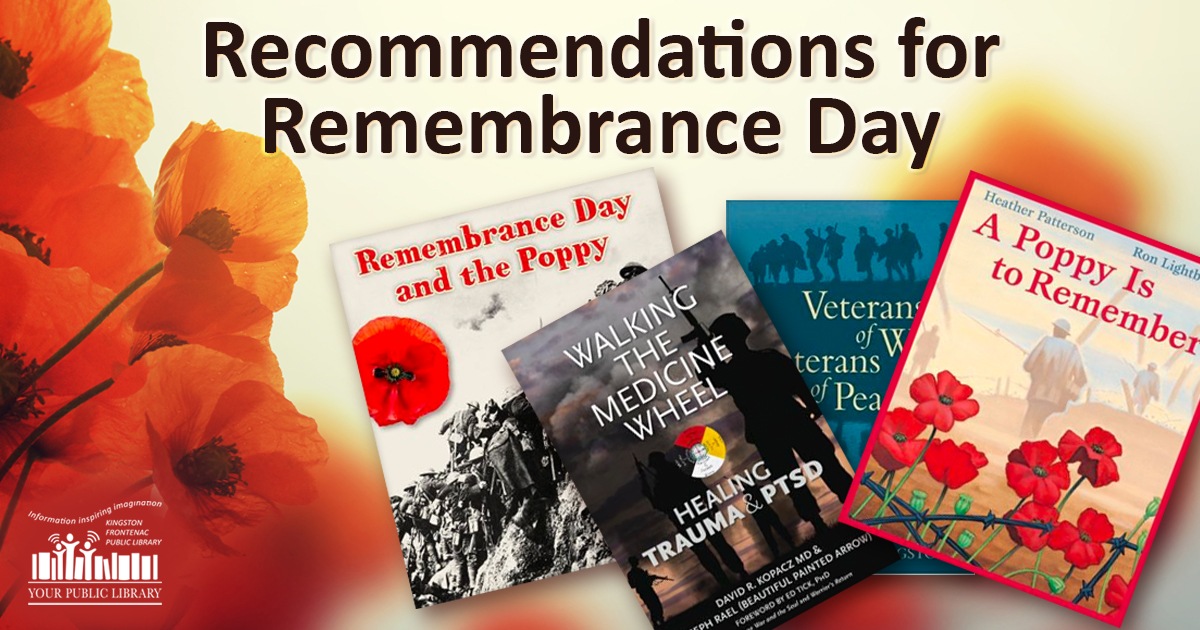 Poppies, four books, and the text Recommendations for Remembrance Day.