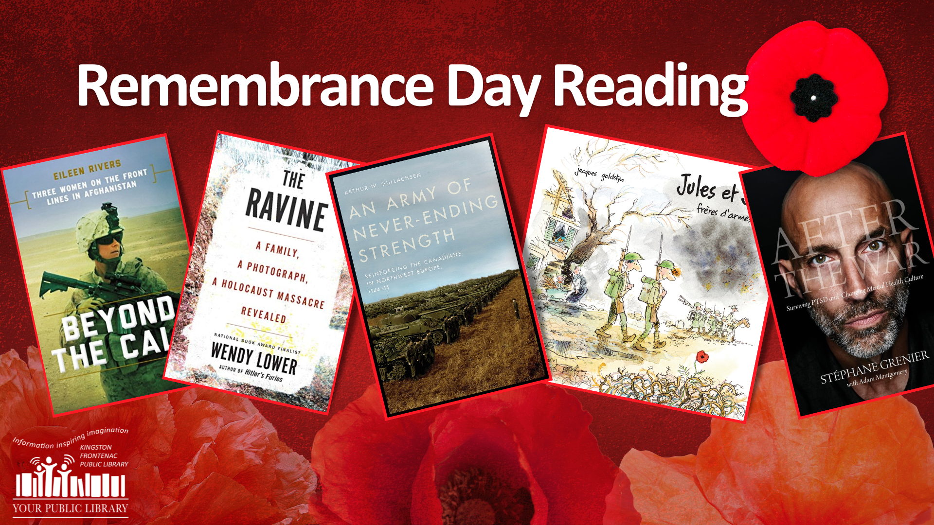 A collage of books on a red background with poppies. Text reads Remembrance Day Reading. 