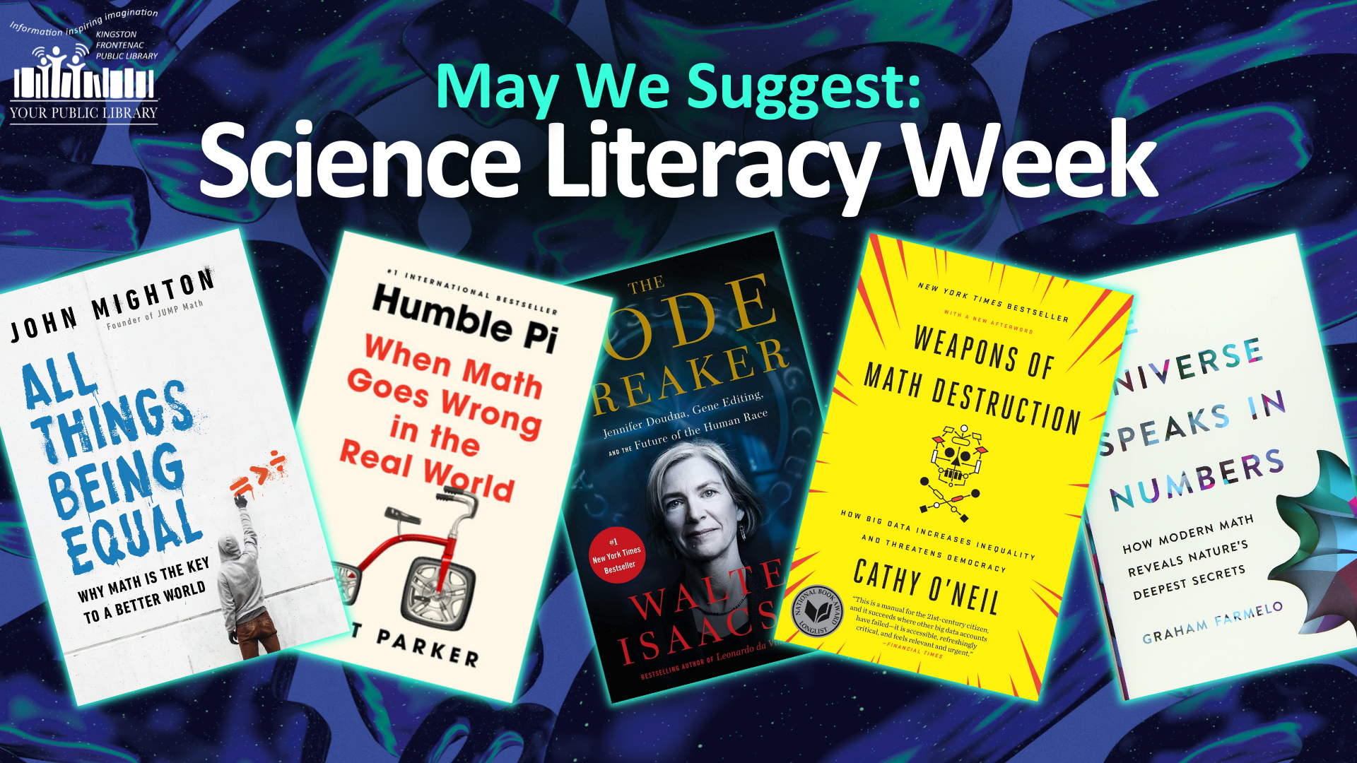 A collage of math-themed books against a blue swirling background with text reading May We Suggest: Science Literacy Week.