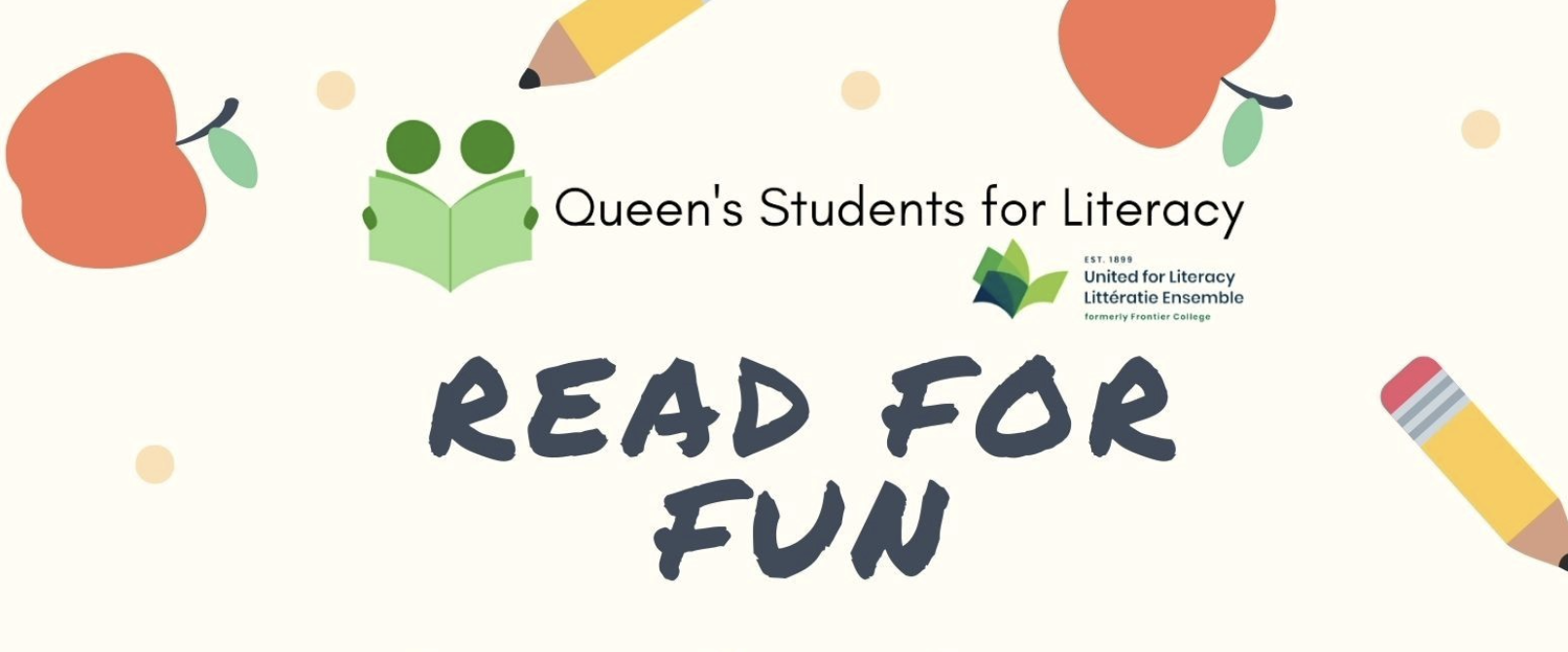 An illustrated graphic with apples and books and text reading Queen's Literacy Read for Fun.