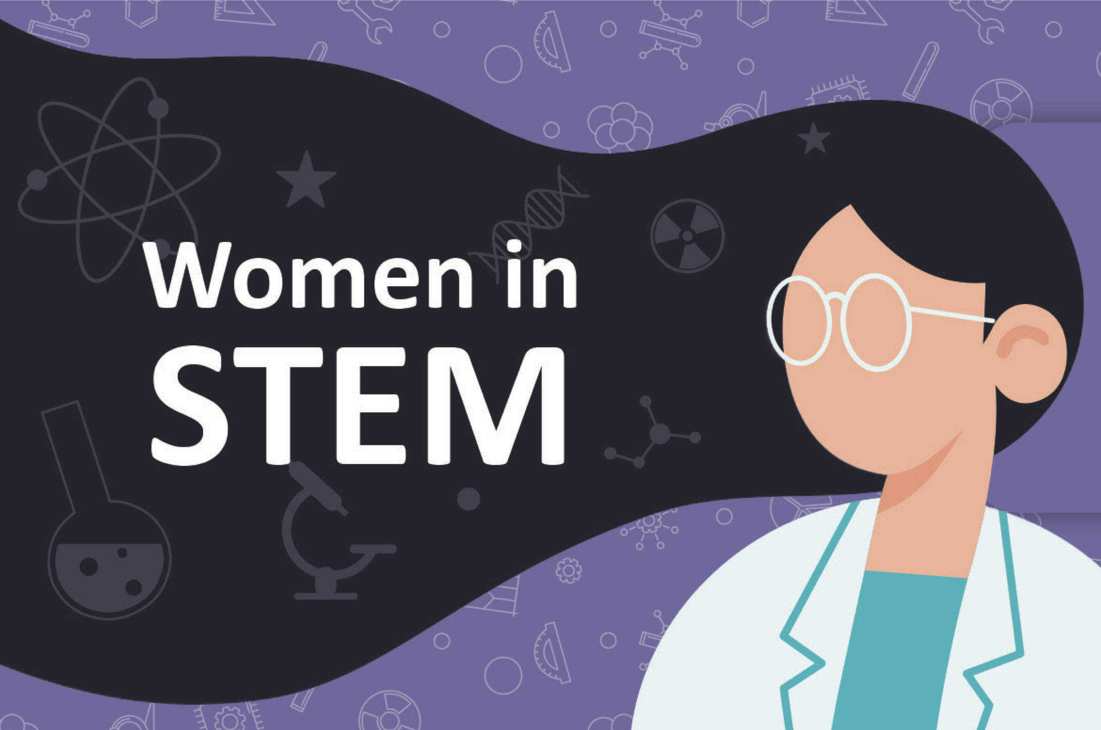 An illustration of a woman wearing a lab coat. Text reads Women in STEM.
