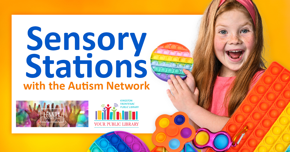 A child with a variety of sensory toys and tools. Text reads Sensory Stations with the Autism Network.