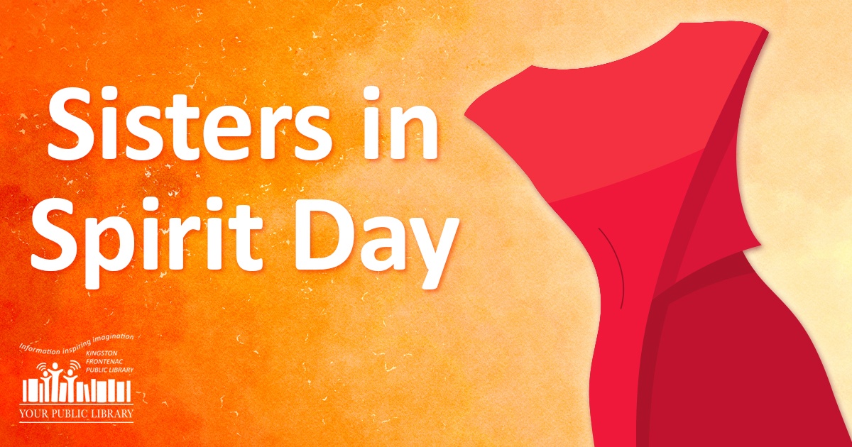 An illustrated red dress on an orange background with text reading Sisters in Spirit Day.
