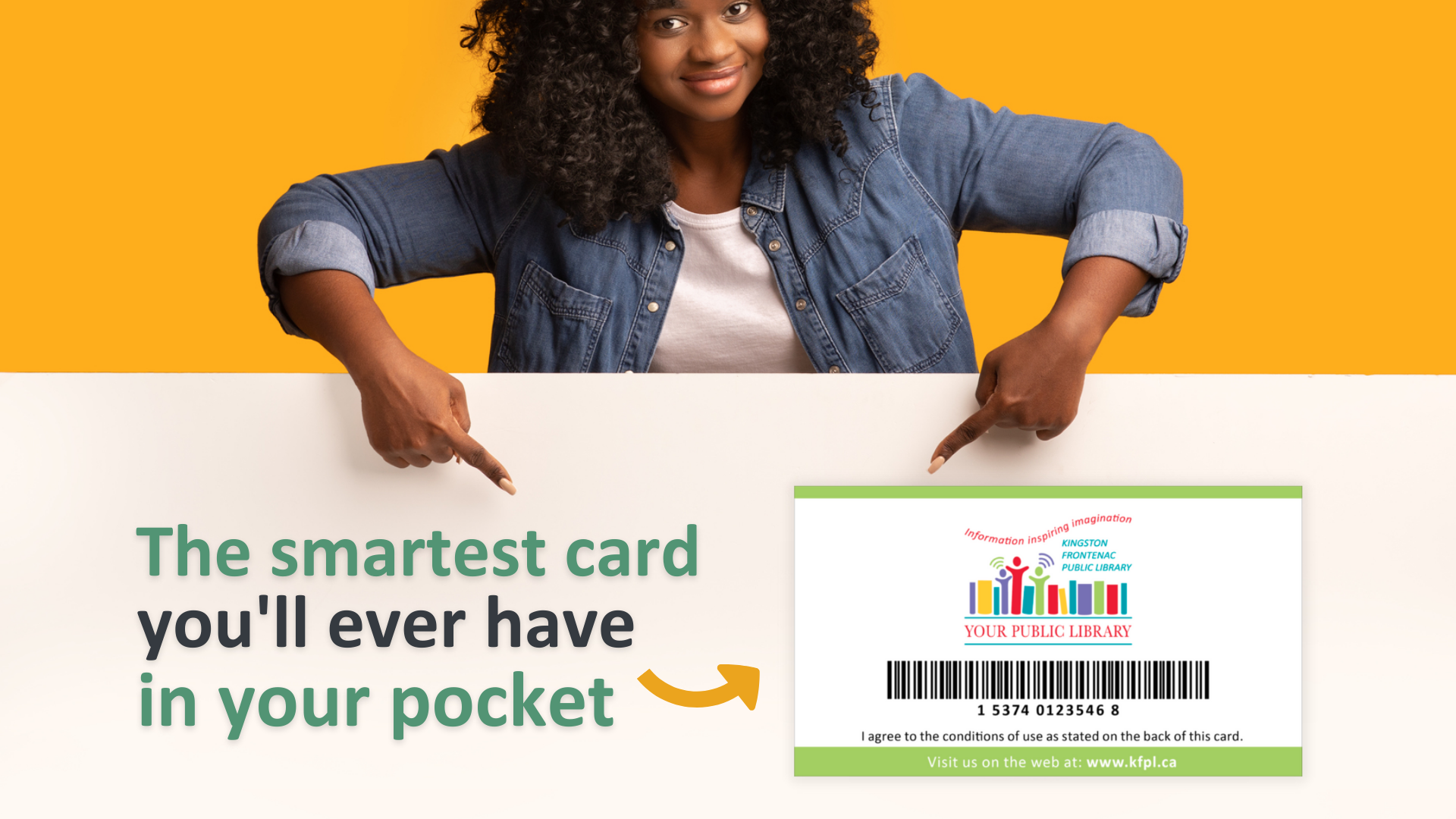 A woman in a jean jacket is looking at the camera and pointing with both hands down to a KFPL card and text reading 'The smartest card you'll ever have in your pocket.'