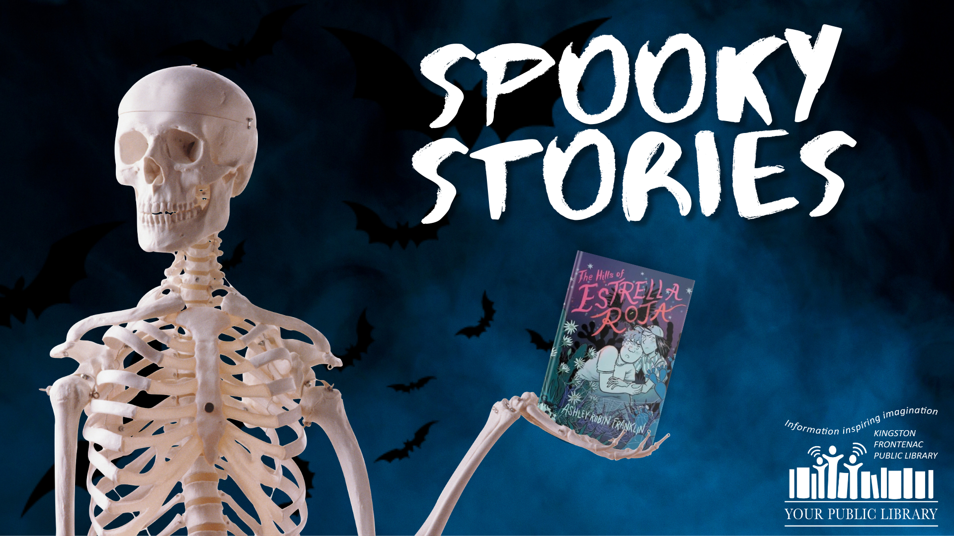 A skeleton holding up a book. Text reads Spooky Stories.
