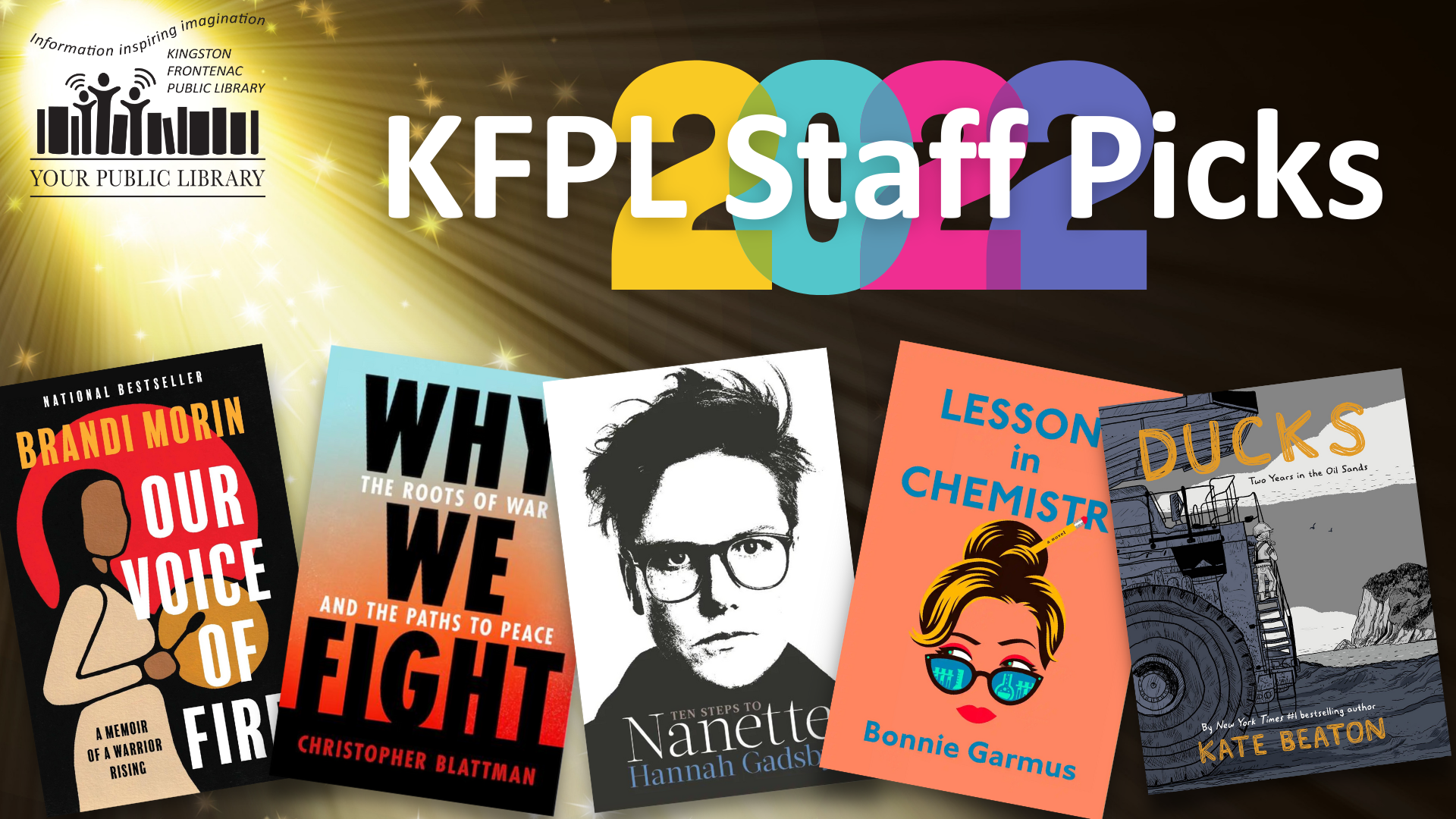 A collage of books in a spotlight with text reading KFPL Staff Picks 2022.