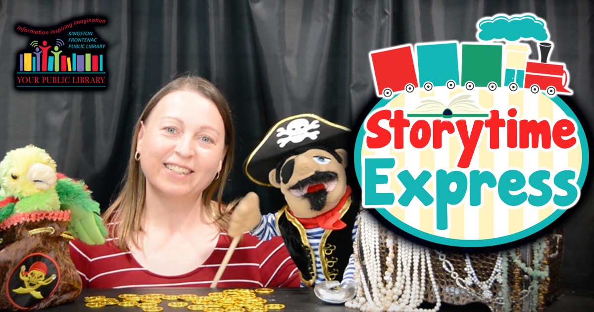 Photo of woman with with pirate and parrot puppets. Text reads Storytime Express.