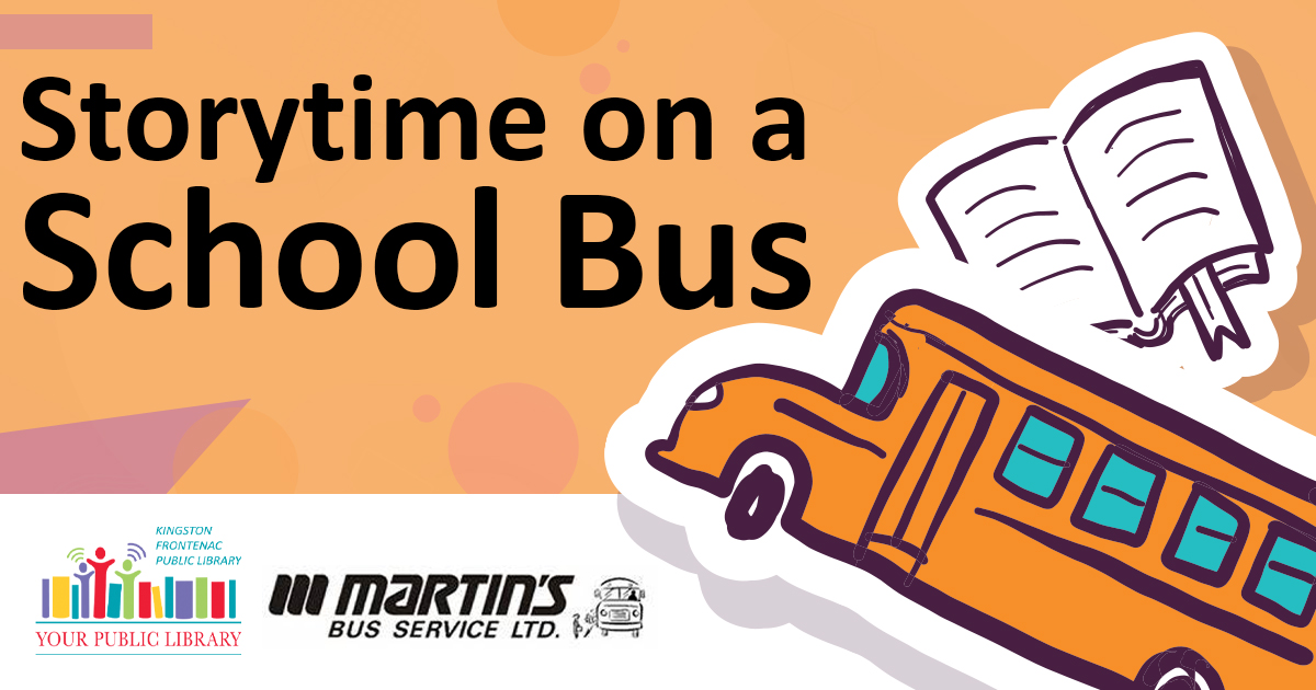 Illustration of a school bus and open book. The text reads Storytime on a School Bus.