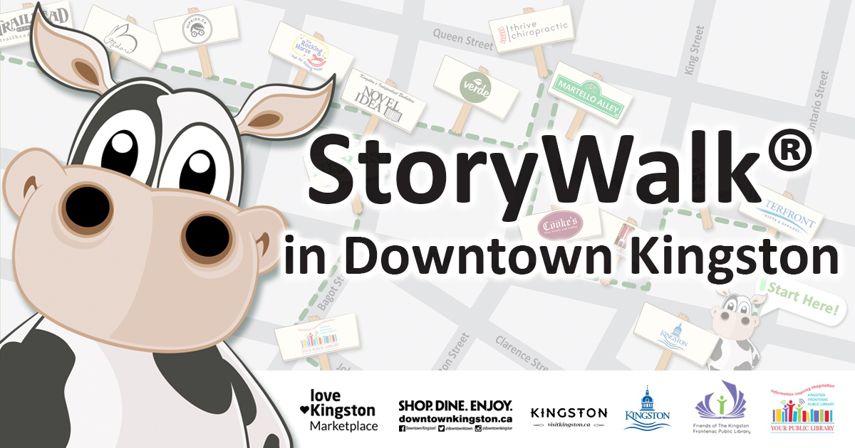 Storywalk in downtown Kingston. Cartoon image of a cow. Faded map in the background.