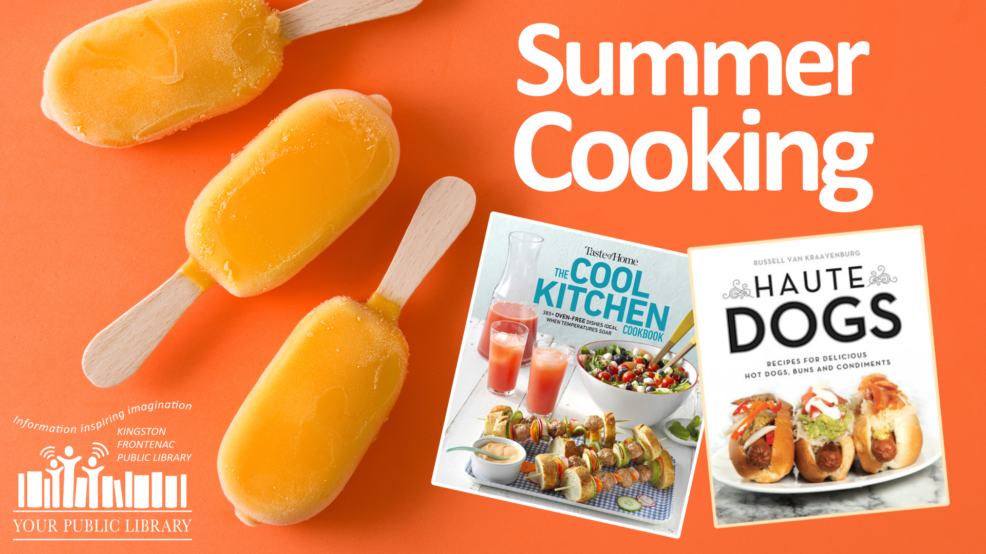 Orange popsicles on an orange background with two books and text reading Summer Cooking.