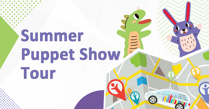 Illustration of a summer puppet show tour featuring a green dinosaur and purple bunny puppet above a colourful map with location pins and a Kingston Frontenac Public Library vehicle.