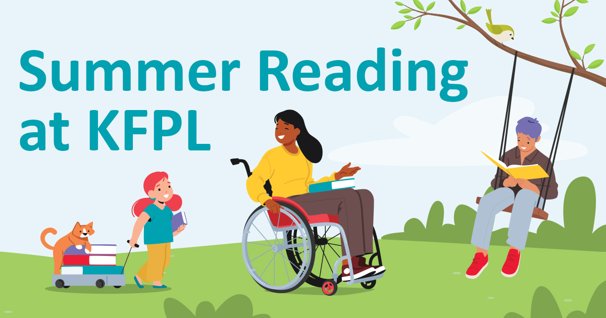 Illustraiton of a child with a wagon full of books and a cat. A young boy is sitting on a swing and reading. A woman in a wheelchair is reading. The text reads Summer Reading at KFPL.