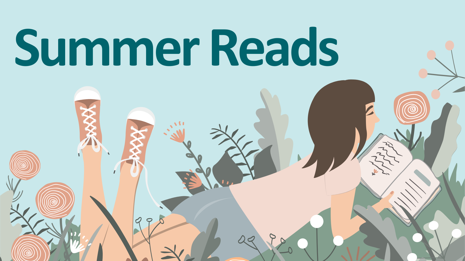 An illustration of a person reading in a field of flowers.