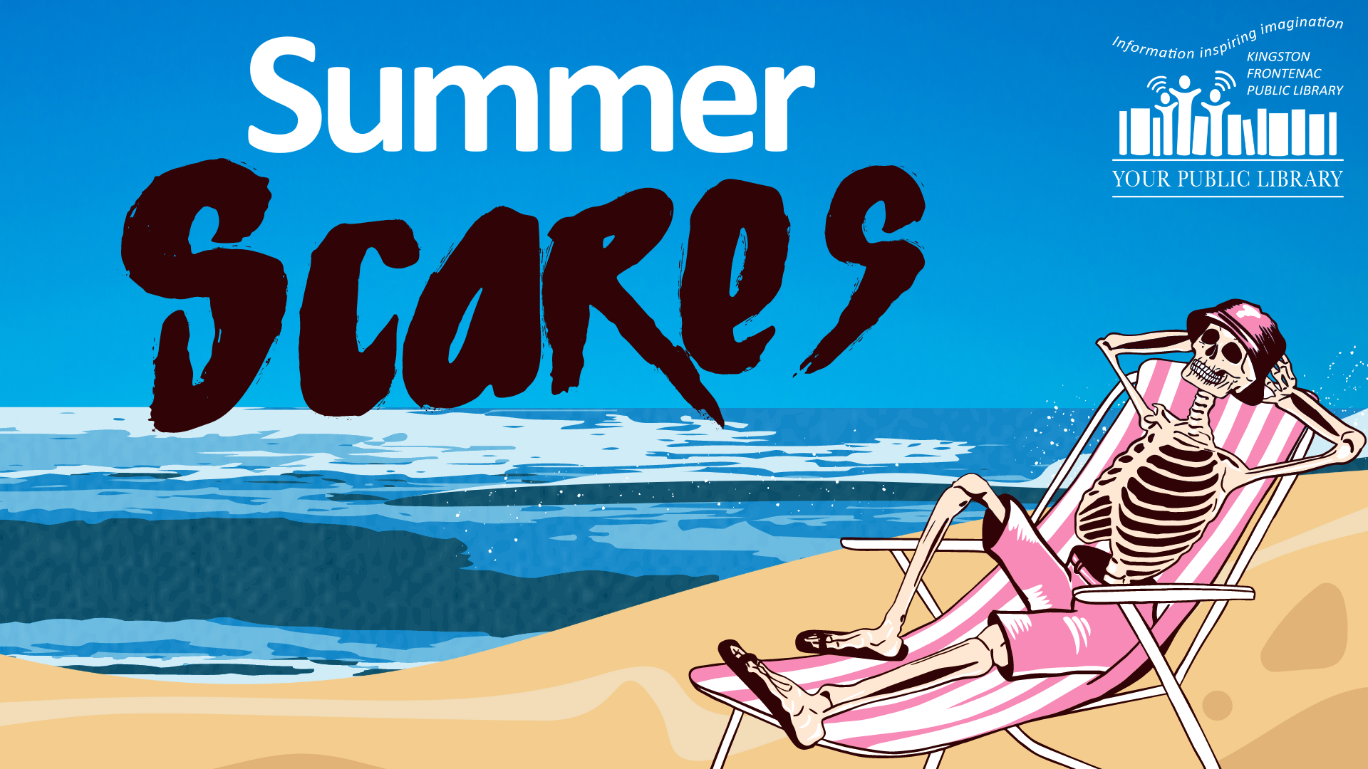 A skeleton lounging in a chair at the beach, with text reading Summer Scares.