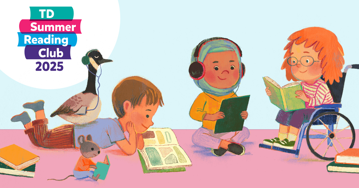 Illustration of children reading together on a carpet. The text reads TD Summer Reading Club.