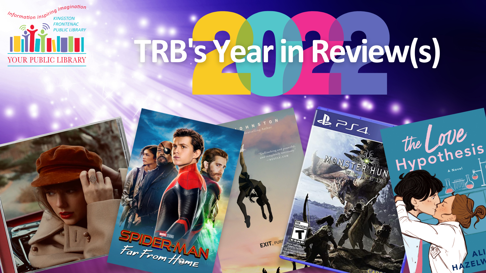 A collage of books, movies, CDs and video games with text reading TRB Year in Review(s) 2022