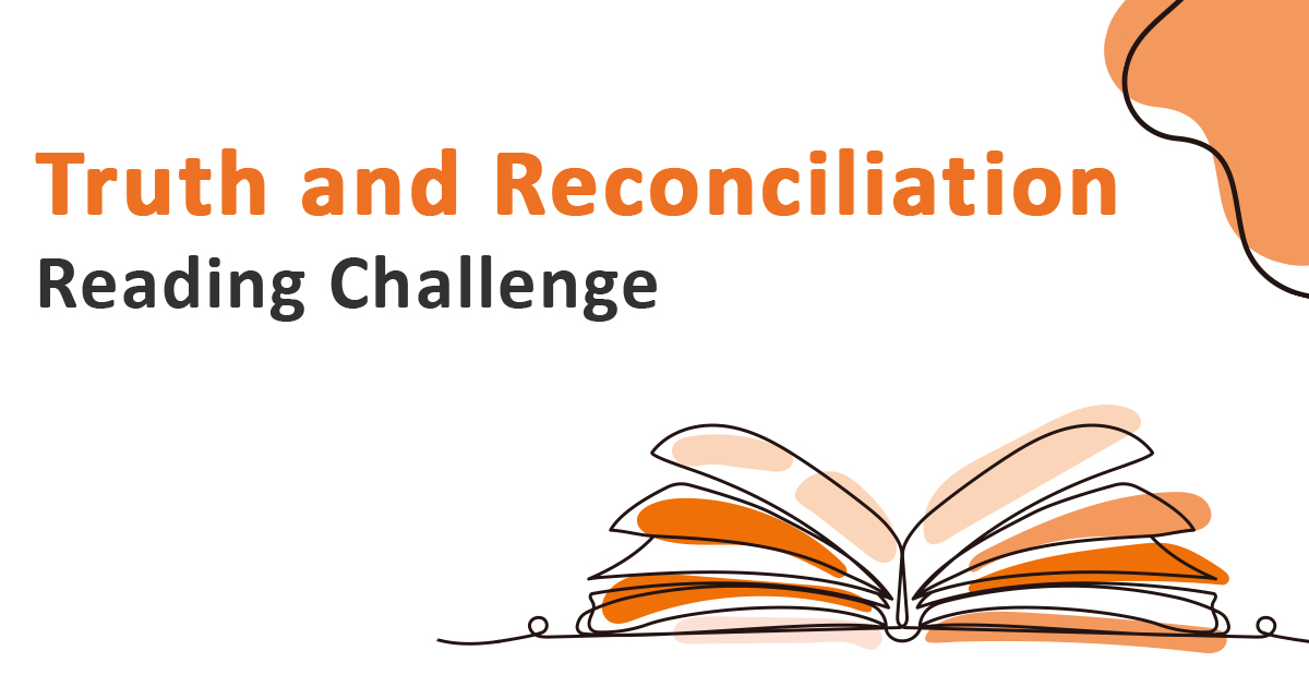 Illustration of an orange book on white background. The text reads Truth and Reconciliation Reading Challenge.