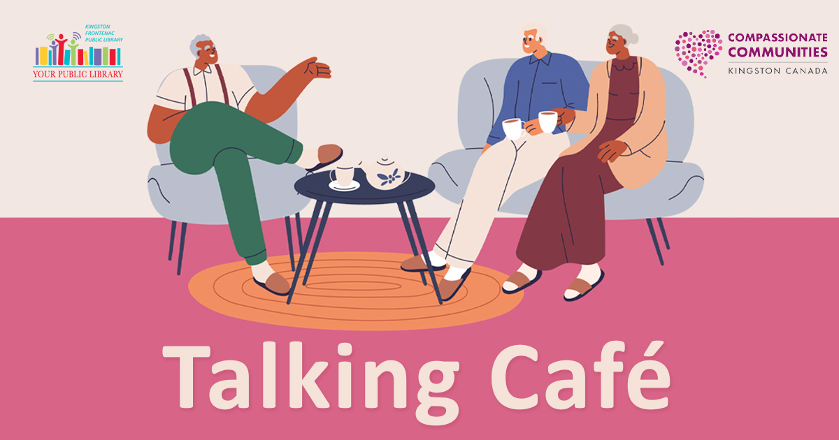 An illustration of three people sitting around a table talking. The text reads, Talking Café!