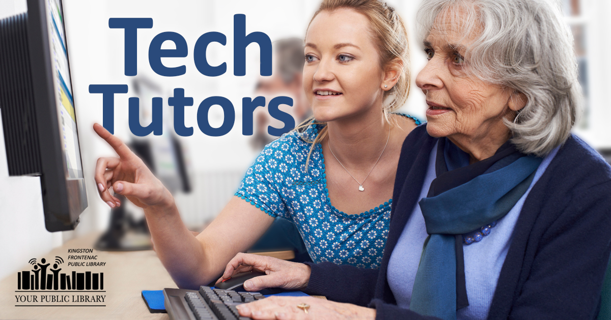 A person sitting next to an older adult, pointing at a computer. Text reads Tech Tutors.