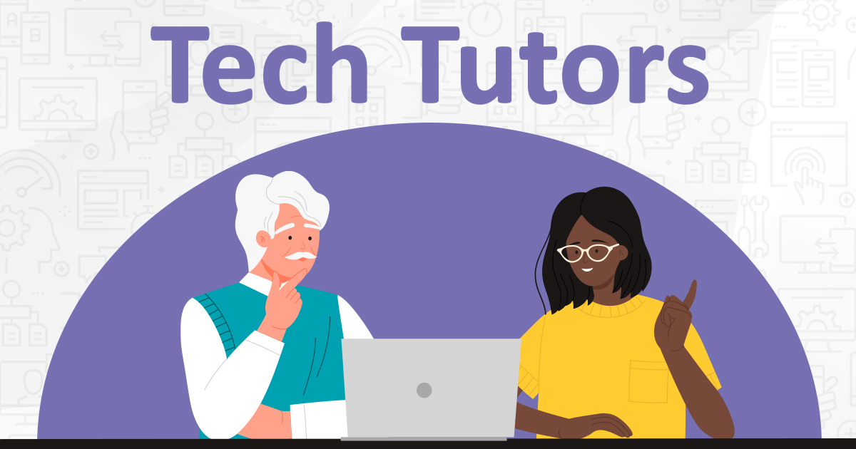 Illustration of an older adult man using a computer with a woman. The text reads, Tech Tutors.
