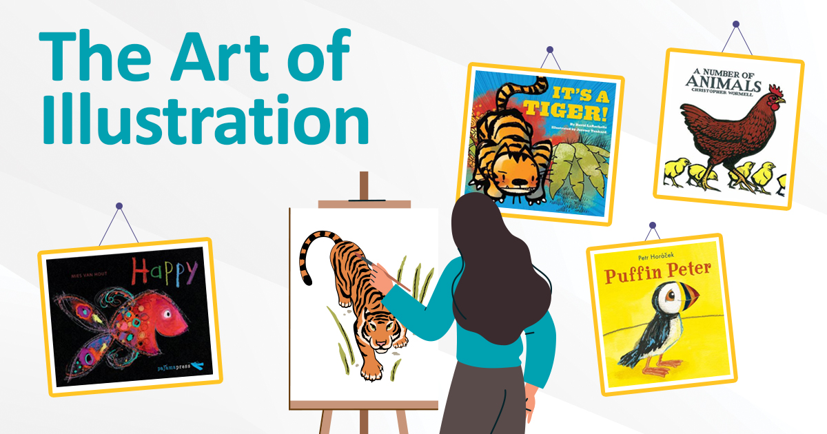 Illustration of a person painting on an easer. There are book cover images framed around the person. The text reads, The Art of Illustration