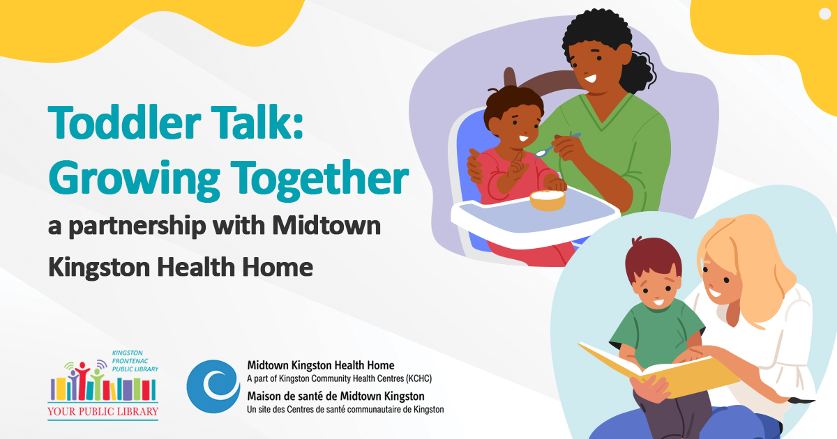Illustration of a caregiver feeding a toddler in a high chair and another adult reading a book with a child. The text reads Toddler Talk: Growing Together.