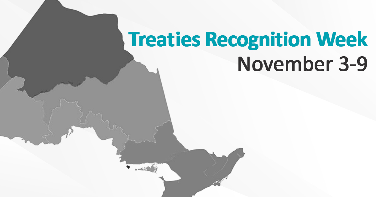 A map of the treaties of Ontario in grayscale. The Text reads Treaties Recognition Week November 3-9.