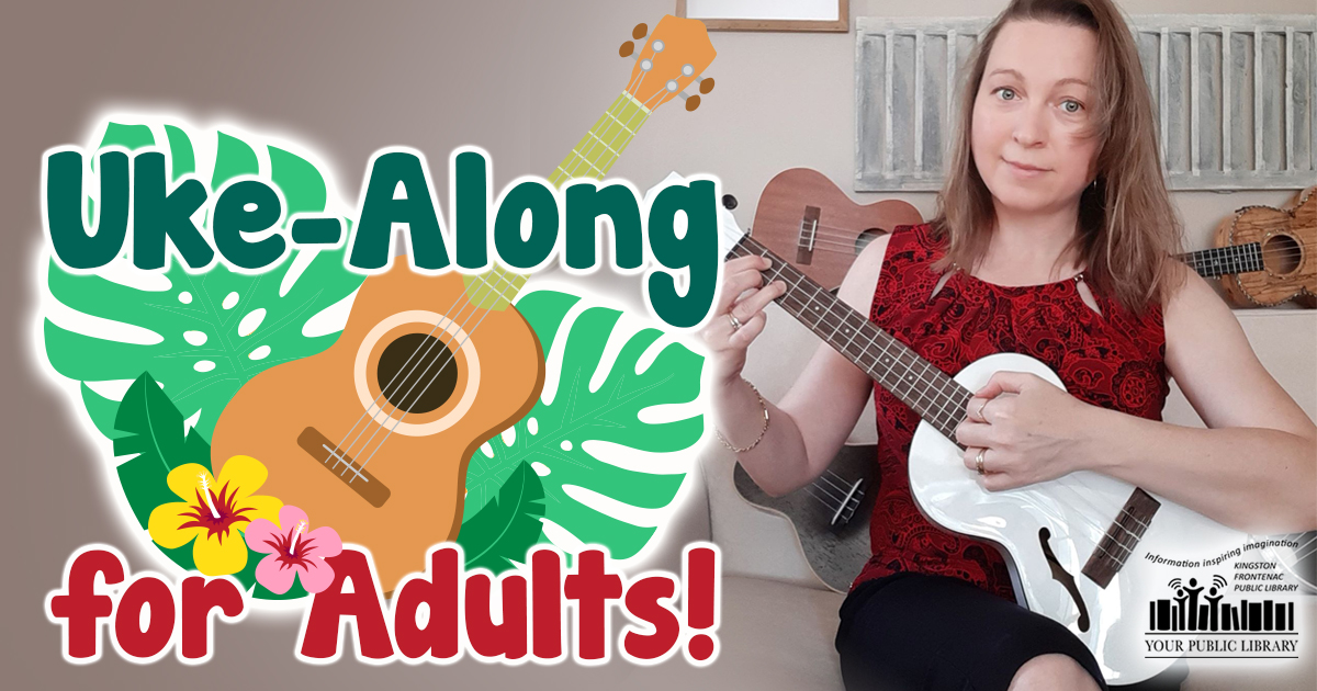 Meredith holding a white ukulele with text reading Uke-Along for Adults!