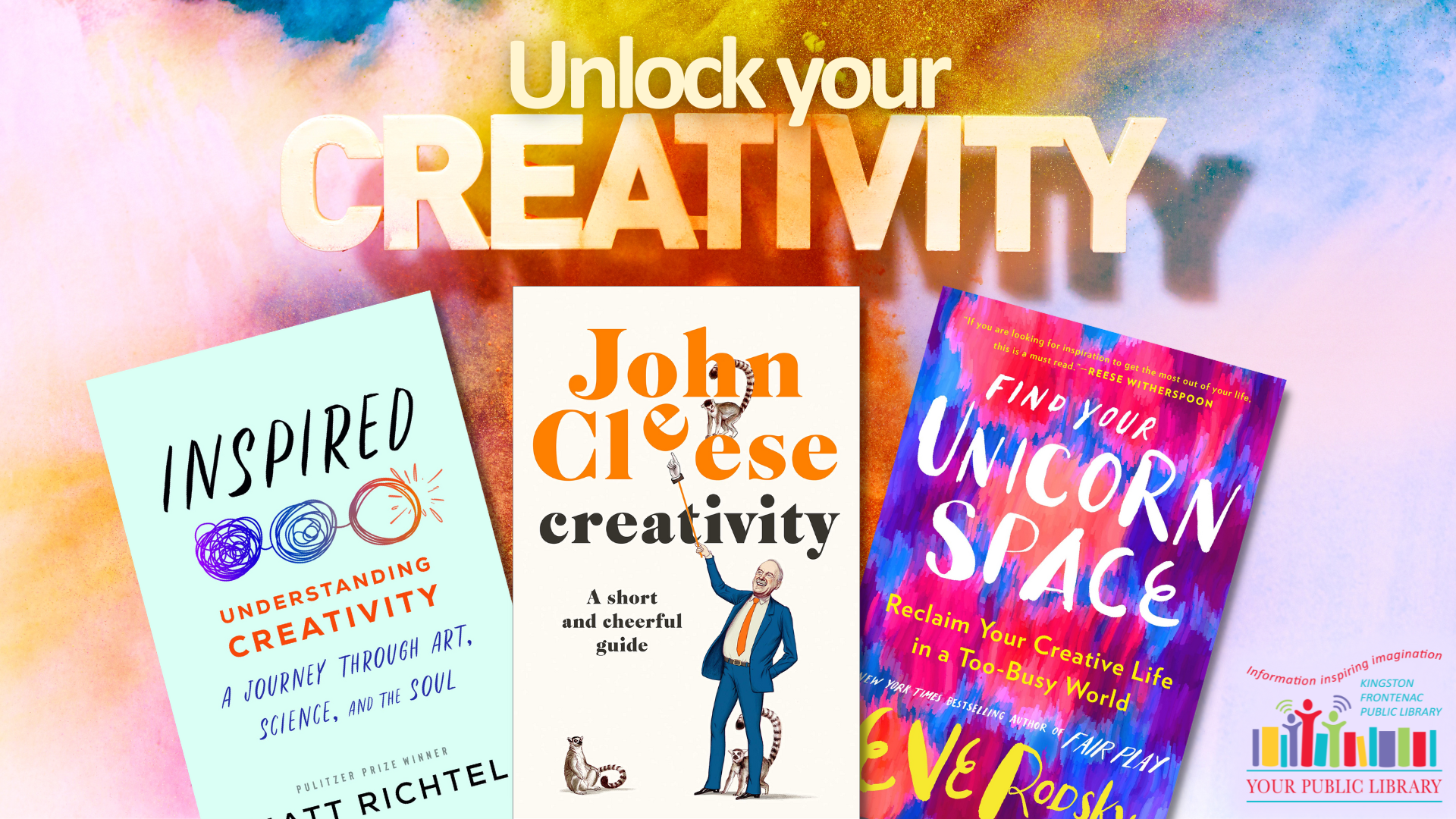 Three books on a multicolour paint background with text reading Unlock your Creativity. 