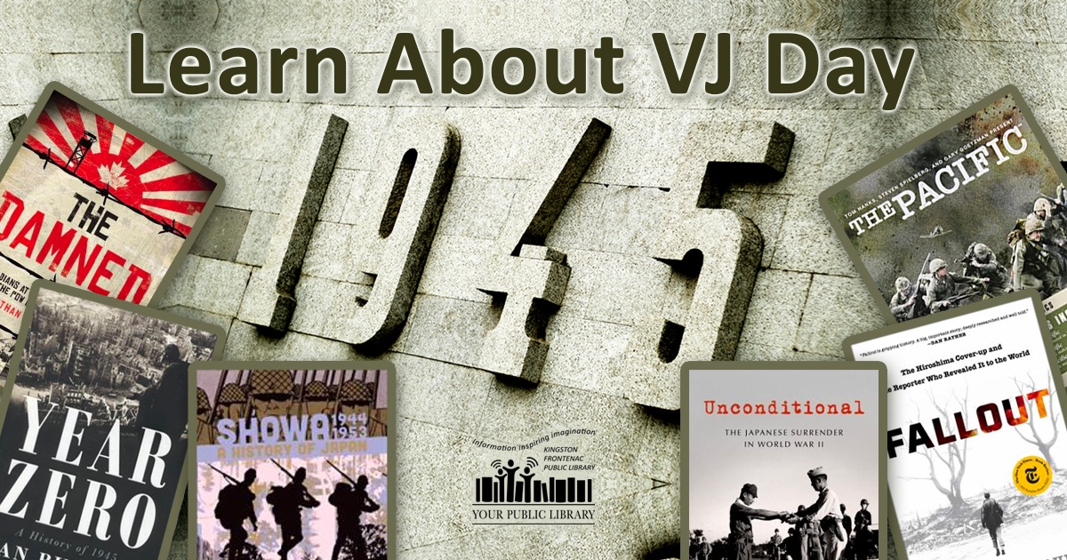 Books overlaid across a stone memorial reading 1945. Text reads Learn about VJ Day.