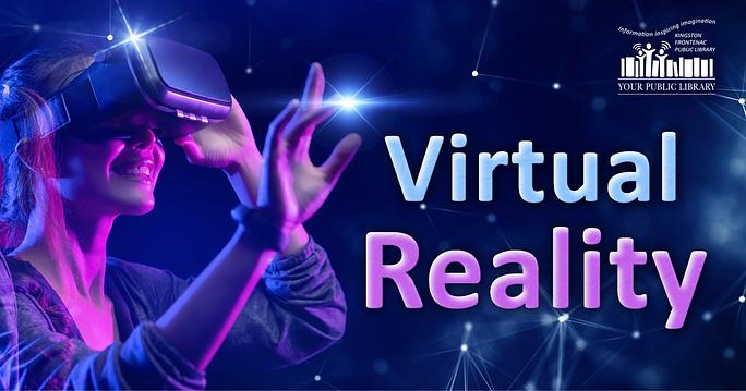 A person with long hair wearing a VR head set. They are against a dark background with stars and starbursts, and are lit up in pink. The text reads Virtual Reality.