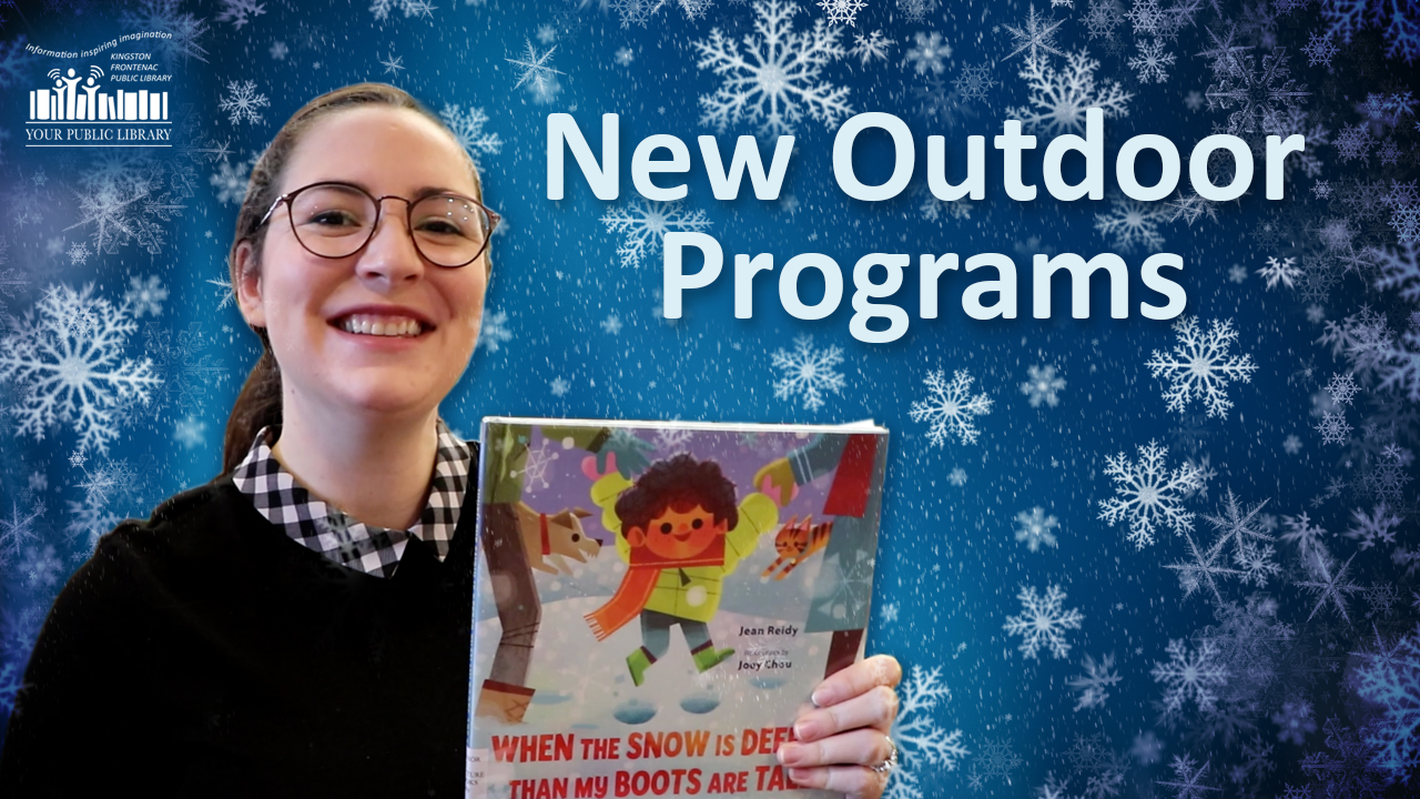 On a blue snowflake background, a woman in glasses holds a book about winter.